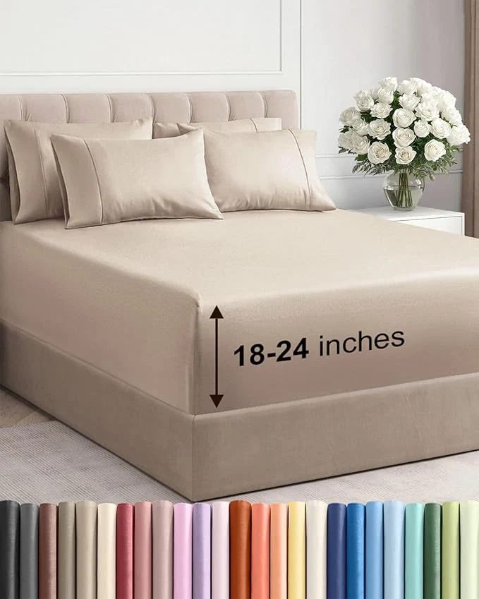 Premium Extra Deep Cal King Sheet Set – 6 Piece Breathable and Cooling Sheets – Hotel Luxury Bedding for Women Men Kids amp Teens – Easy Secure Fit – Soft Wrinkle and Comfy – Extra Deep Pockets – Wheat Lightweight
