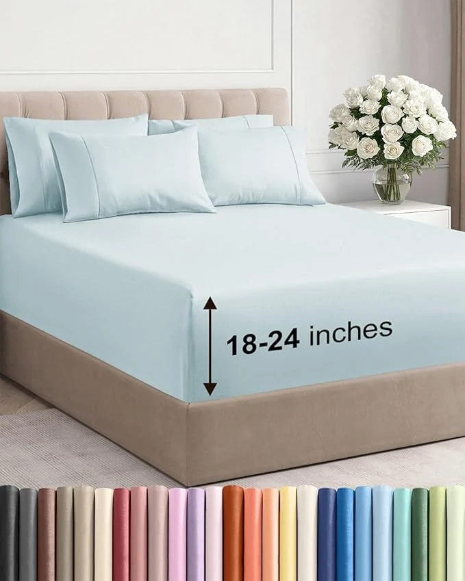 Premium Extra Deep Queen Sheet Set – 6 Piece Breathable and Cooling Sheets – Hotel Luxury Bedding for Women Men Kids amp Teens – Easy Secure Fit – Soft Wrinkle and Comfy – Extra Deep Pockets – Ice Blue Prestigious