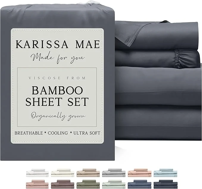 Recyclable KARISSA MAE Cooling Bamboo Viscose Split King Sheet Set FSC 18 Deep Pocket Silky Soft amp Hypoallergenic with Organizer Band amp Elastic Corner Straps Charcoal Grey Certified
