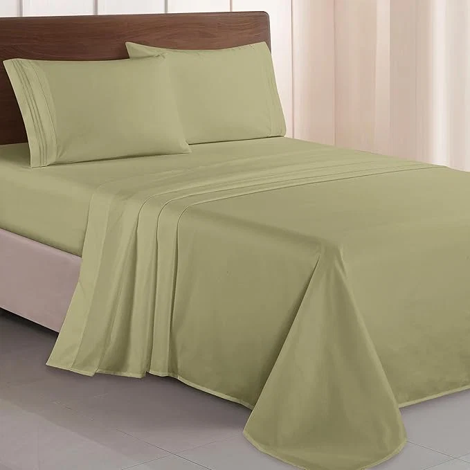 Clean Elegant Comfort Luxurious 1500 Premium Hotel Quality Microfiber Three Line Embroidered Softest 4-Piece Bed Sheet Set Wrinkle and Fade Resistant Full Sage-Green Professional