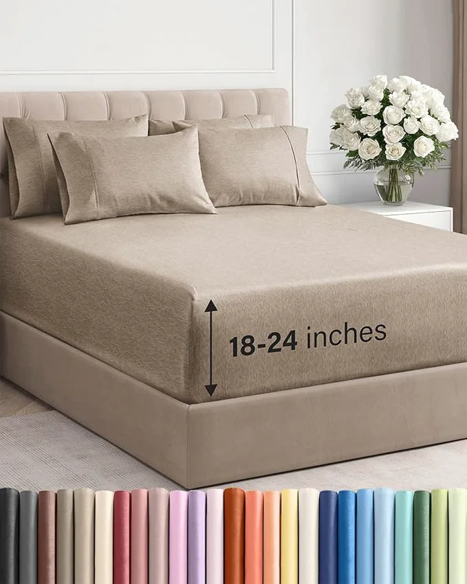 Extra Deep Cal King Sheet Set – 6 Piece Breathable and Cooling Sheets – Hotel Luxury Bedding for Women Men Kids amp Teens – Easy Secure Fit – Soft amp Wrinkle – Extra Deep Pockets – Heathered Beige Sustainable