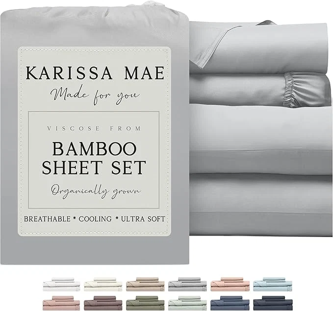 Carefully Designed KARISSA MAE Cooling Bamboo Viscose Queen Sheet Set FSC 18 Deep Pocket Silky Soft amp Hypoallergenic with Organizer Band amp Elastic Corner Straps Grey Mist Genuine