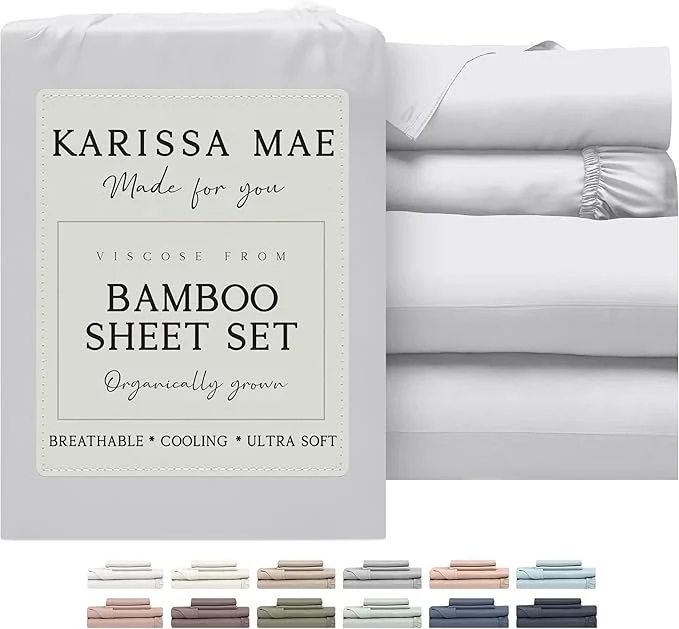 Solid KARISSA MAE Cooling Bamboo Viscose Split King Sheet Set FSC 18 Deep Pocket Silky Soft amp Hypoallergenic with Organizer Band amp Elastic Corner Straps White Eco-Friendly