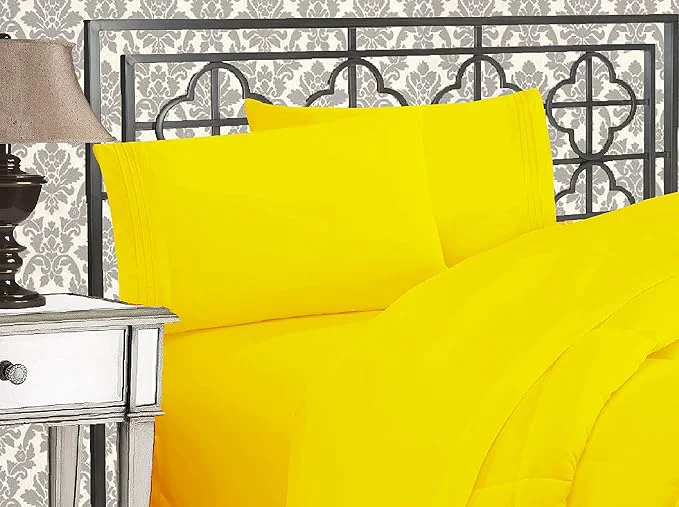 Easy-to-Use Elegant Comfort Luxurious 1500 Premium Hotel Quality Microfiber Three Line Embroidered Softest 4-Piece Bed Sheet Set Wrinkle and Fade Resistant California King Yellow Elite