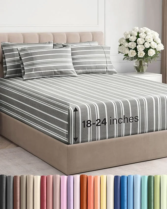 Artisan Extra Deep Queen Sheet Set – 6 Piece Breathable and Cooling Sheets – Hotel Luxury Bedding for Women Men Kids amp Teens – Easy Secure Fit – Soft and Wrinkle with Extra Deep Pockets – Grey Stripes Pure