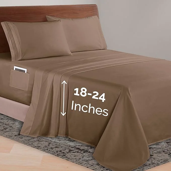 Traditional Elegant Comfort Luxurious 1500 Premium Hotel Quality Microfiber 4-Piece Sheet Set 18-24 Inches Deep – Extra Deep Pocket Sheets – Ultra Soft 4PC Deep Pocket Sheets California King Taupe Professional