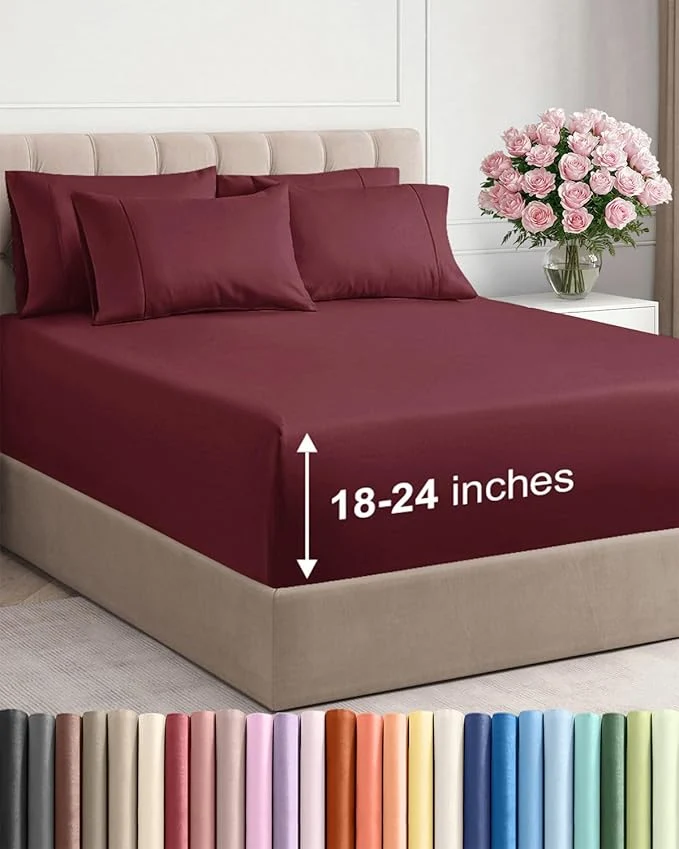Fashionable Extra Deep Queen Sheet Set – 6 Piece Breathable and Cooling Sheets – Hotel Luxury Bedding for Women Men Kids amp Teens – Easy Secure Fit – Soft Wrinkle and Comfy – Extra Deep Pockets – Burgundy Premium Material