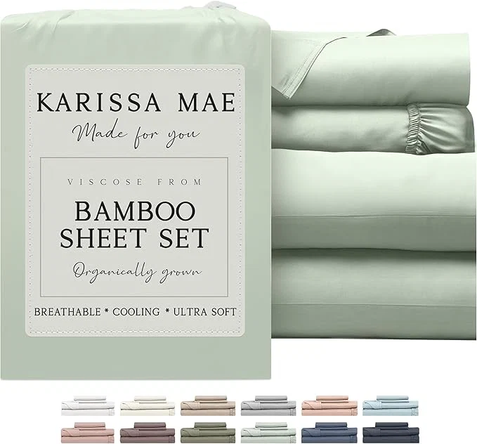Contemporary KARISSA MAE Cooling Bamboo Viscose Queen Sheet Set FSC 18 Deep Pocket Silky Soft amp Hypoallergenic with Organizer Band amp Elastic Corner Straps Sea Glass Fine Crafted