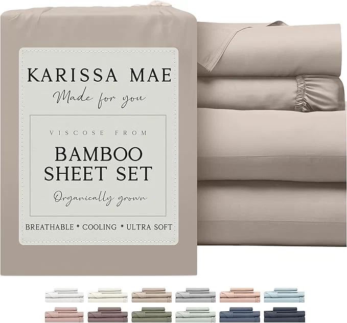 Breathable KARISSA MAE Cooling Bamboo Viscose King Size Sheet Set FSC 18 Deep Pocket Silky Soft amp Hypoallergenic with Organizer Band amp Elastic Corner Straps Dune Convenient