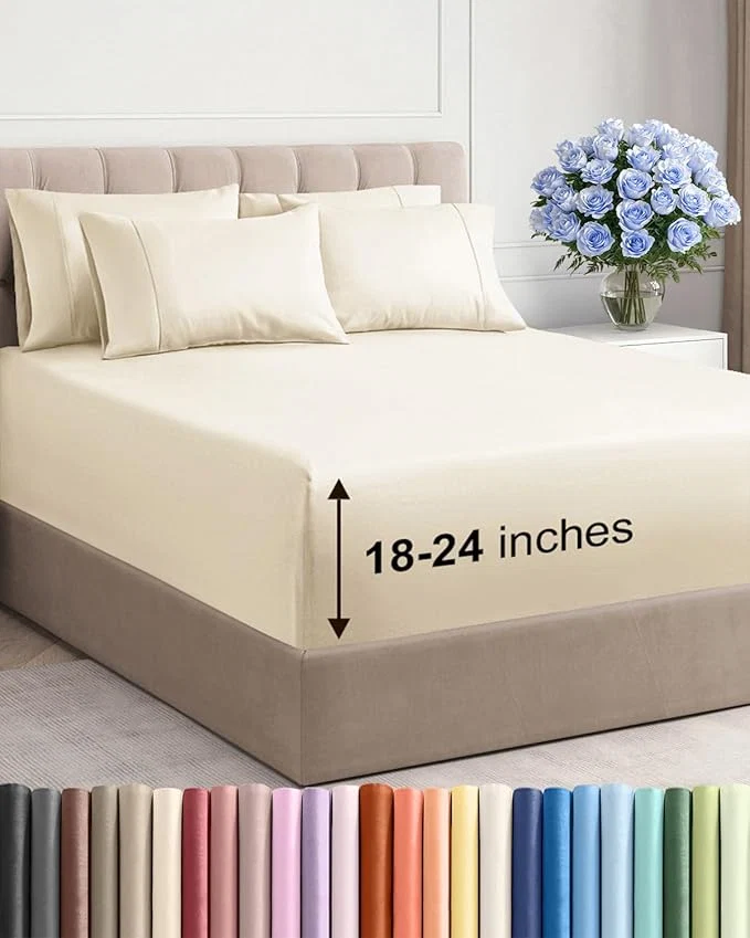 Organic Extra Deep Queen Sheet Set – 6 Piece Breathable and Cooling Sheets – Hotel Luxury Bedding for Women Men Kids amp Teens – Easy amp Secure Fit – Soft Wrinkle amp Comfy – Extra Deep Pockets – Off White Top-Quality