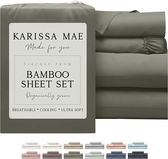Unique KARISSA MAE Cooling Bamboo Viscose Cal King Sheet Set FSC 18 Deep Pocket Silky Soft amp Hypoallergenic with Organizer Band amp Elastic Corner Straps Cypress Green Lightweight