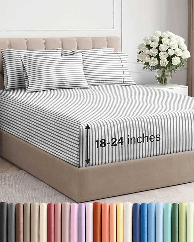 Artisan Extra Deep Queen Sheet Set – 6 Piece Breathable and Cooling Sheets – Hotel Luxury Bedding for Women Men Kids amp Teens – Easy Secure Fit – Soft and Wrinkle with Extra Deep Pockets – Grey Stripes Selected
