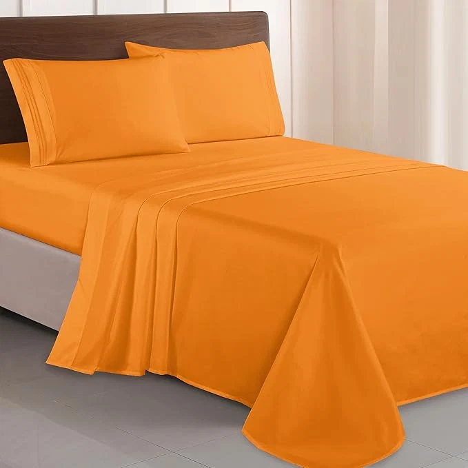 Elegant Comfort Luxurious 1500 Premium Hotel Quality Microfiber Three Line Embroidered Softest 4-Piece Bed Sheet Set Wrinkle and Fade Resistant Full Orange High-End