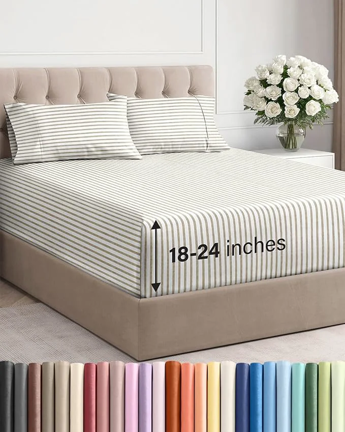 Enhanced Extra Deep Twin XL Sheet Set – 4 Piece Breathable and Cooling Sheets – Hotel Luxury Bedding for Women Men Kids amp Teens – Easy Secure Fit – Soft amp Wrinkle – Extra Deep Pockets – Beige Stripes User-Friendly