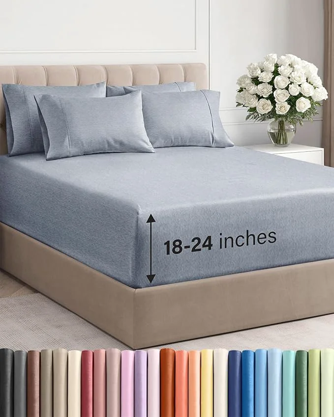 Top-Quality Extra Deep Queen Sheet Set – 6 Piece Breathable and Cooling Sheets – Hotel Luxury Bedding for Women Men Kids amp Teens – Easy Secure Fit – Soft and Wrinkle – Extra Deep Pockets – Heathered Blue Efficient