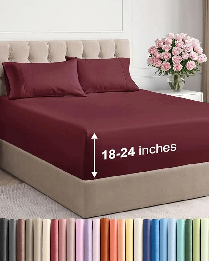 Outstanding Extra Deep Twin XL Sheet Set – 4 Piece Breathable and Cooling Sheets – Hotel Luxury Bedding for Women Men Kids amp Teens – Easy Secure Fit – Soft Wrinkle amp Comfy – Extra Deep Pockets – Burgundy Classic