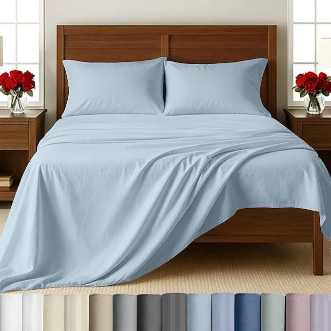 Exceptional California Design Den – Queen Cotton Sheet Set Soft Cotton Sheets Deep Pockets Set Snug Fit Elastic 500 Thread Count Sateen Sheet Sets for Bed – Blue Grey Tone Detailed