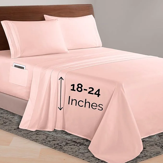 Fashionable Elegant Comfort Luxurious 1500 Premium Hotel Quality Microfiber 4-Piece Sheet Set 18-24 Inches Deep – Extra Deep Pocket Sheets – Ultra Soft 4PC Deep Pocket Sheets Queen Blush Premium Material