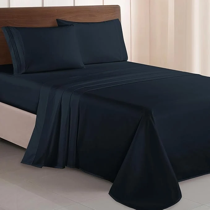 Eco-Friendly Elegant Comfort Luxurious 1500 Premium Hotel Quality Microfiber Three Line Embroidered Softest 4-Piece Bed Sheet Set Wrinkle and Fade Resistant Full Black Outstanding