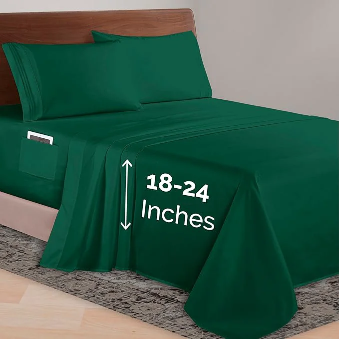 Fashionable Elegant Comfort Luxurious 1500 Premium Hotel Quality Microfiber 4-Piece Sheet Set 18-24 Inches Deep – Extra Deep Pocket Sheets – Ultra Soft 4PC Deep Pocket Sheets Queen Hunter Green Secure