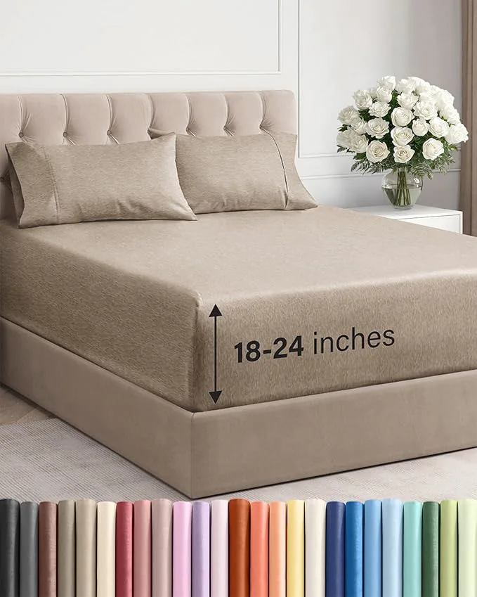 Innovative Extra Deep Twin Sheet Set – 4 Piece Breathable and Cooling Sheets – Hotel Luxury Bedding for Women Men Kids amp Teens – Easy Secure Fit – Soft and Wrinkle – Extra Deep Pockets – Heathered Beige Official