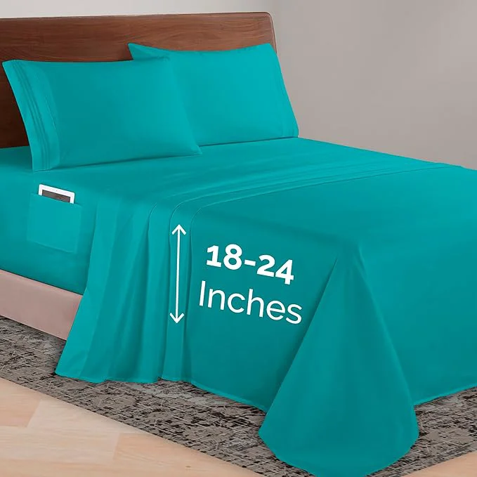 Safe Elegant Comfort Luxurious 1500 Premium Hotel Quality Microfiber 4-Piece Sheet Set 18-24 Inches Deep – Extra Deep Pocket Sheets – Ultra Soft 4PC Deep Pocket Sheets California King Turquoise High-End