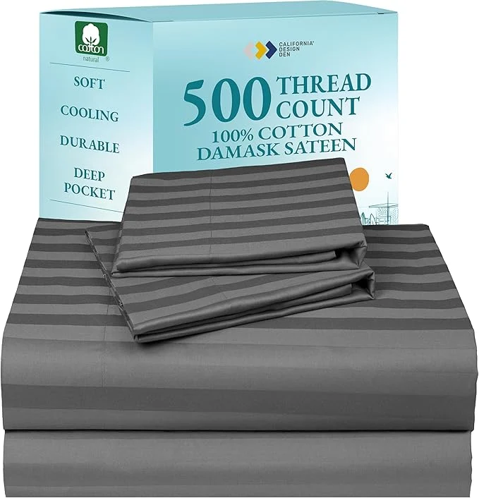 Advanced California Design Den Deep Pocket Queen Sheets Set – Soft Cotton Sheets 500 Thread Count Sateen Snug Fit Elastic Soft Damask Stripe Bedding Set – Stripe Grey Fast