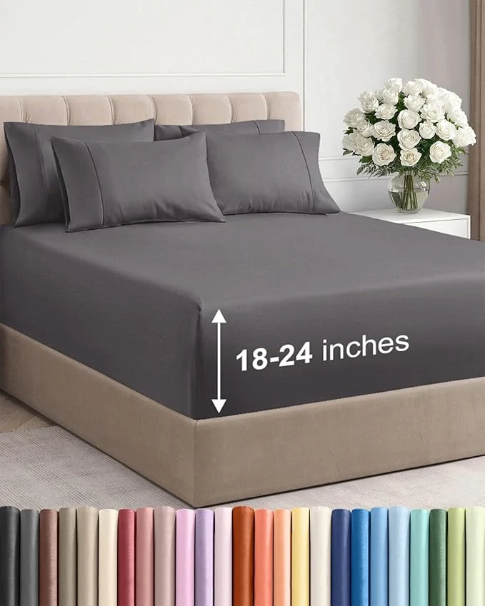 Green Extra Deep Queen Sheet Set – 6 Piece Breathable and Cooling Sheets – Hotel Luxury Bedding for Women Men Kids amp Teens – Easy amp Secure Fit – Soft Wrinkle and Comfy – Extra Deep Pockets – Grey Natural