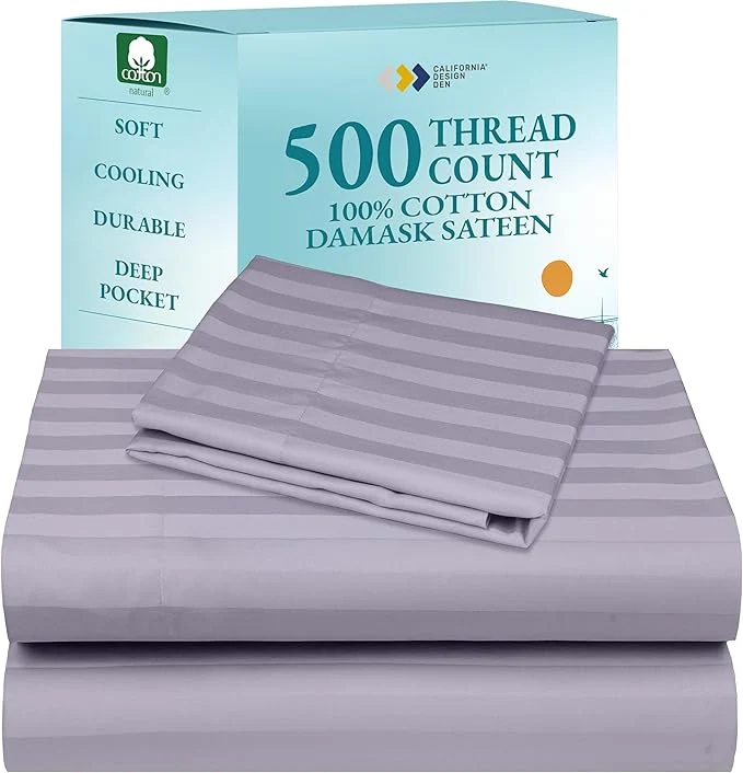 Stylish California Design Den Twin XL Sheet Set Soft Cotton Sheets Deep Pockets Elastic 500 Thread Count Sateen Damask Stripe Bedding Sheets Set Twin XL Sheets Lavender-Striped Exceptional