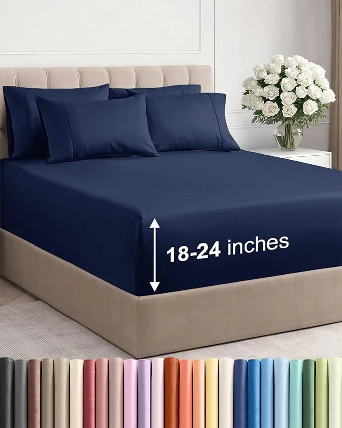 Modern Extra Deep Queen Sheet Set – 6 Piece Breathable and Cooling Sheets – Hotel Luxury Bedding for Women Men Kids amp Teens – Easy amp Secure Fit – Soft Wrinkle amp Comfy – Extra Deep Pockets – Navy Blue Powerful
