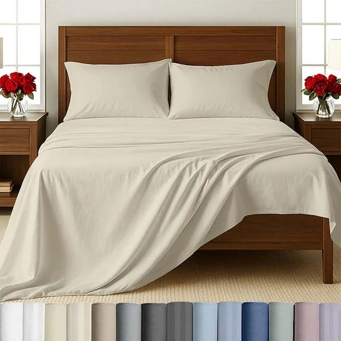 Professional California Design Den Full Size Sheet Set – Cotton 500 Thread Count Sateen Deep Pocket Bed Sheets with Fitted Elastic Sheet Soft Luxury – Ivory Creamy Beige Tone Relaxed