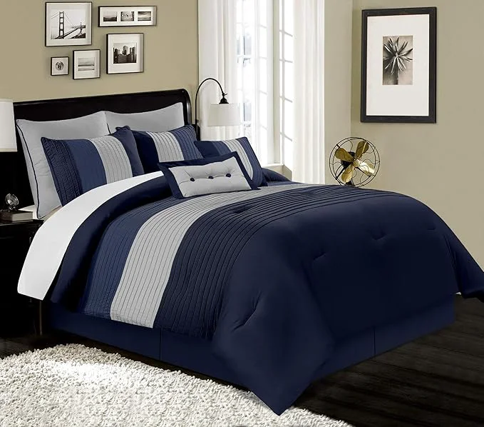 Excellent Chezmoi Collection Loft 8-Piece Luxury Striped Comforter Set California King Navy Gray Blue Minimalist