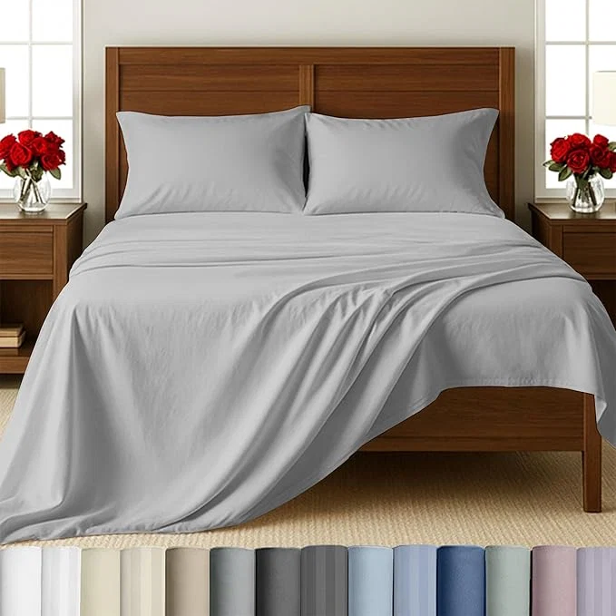 Genuine California Design Den – Bed Sheets Queen Size Set Soft Cotton Sheets Deep Pockets Snug Fit Elastic 500 Thread Count Sateen Sheet Sets for Bed Light Grey Versatile