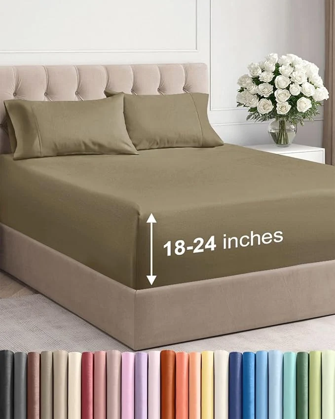 Superior Extra Deep Twin Sheet Set – 4 Piece Breathable and Cooling Sheets – Hotel Luxury Bedding for Women Men Kids amp Teens – Easy amp Secure Fit – Soft Wrinkle and Comfy – Extra Deep Pockets – Khaki Traditional