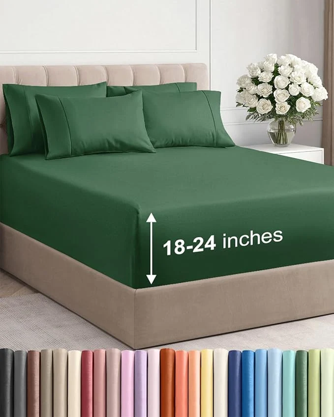 High-End Extra Deep Cal King Sheet Set – 6 Piece Breathable and Cooling Sheets – Hotel Luxury Bedding for Women Men Kids amp Teens – Easy Secure Fit – Soft amp Wrinkle – Extra Deep Pockets – Emerald Green Eco-Friendly