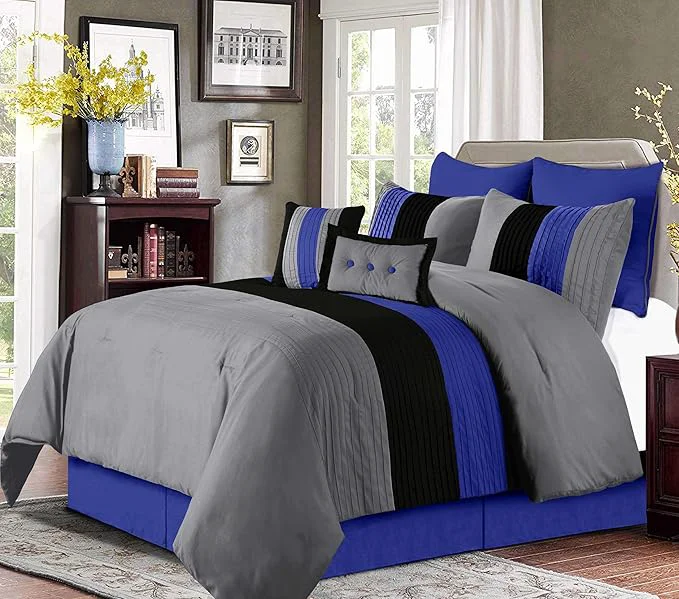 Eco-Friendly Chezmoi Collection Loft 8-Piece King Comforter Set Gray Blue Black Luxury Striped Bedding for All Season