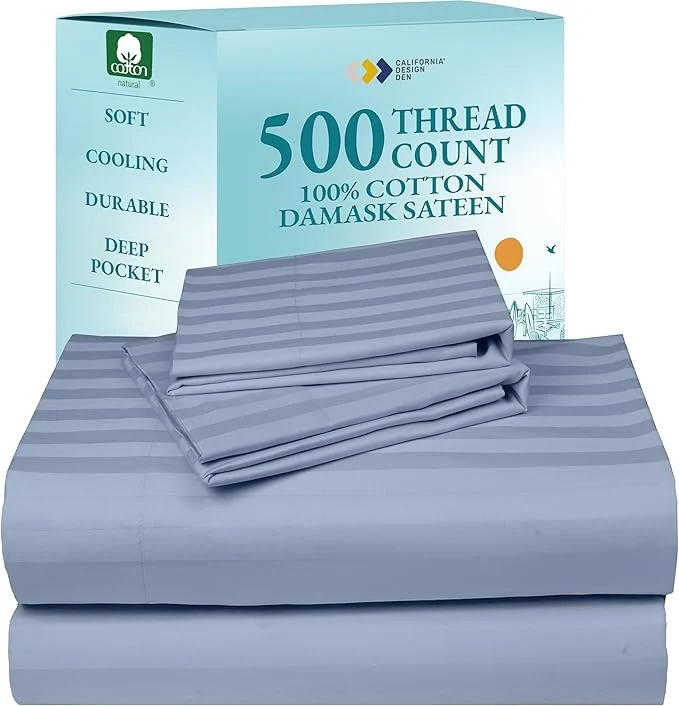 Premium Material California Design Den – King Sheets Set Soft Cotton Sheets Deep Pockets Snug Fit Elastic 500 Thread Count Sateen Damask Stripe Bedding Sheets Stripe – Light Blue Dependable