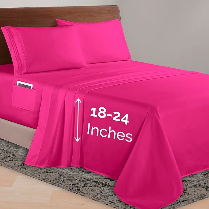 Relaxed Elegant Comfort Luxurious 1500 Premium Hotel Quality Microfiber 4-Piece Sheet Set 18-24 Inches Deep – Extra Deep Pocket Sheets – Ultra Soft 4PC Deep Pocket Sheets California King Hot Pink Authentic