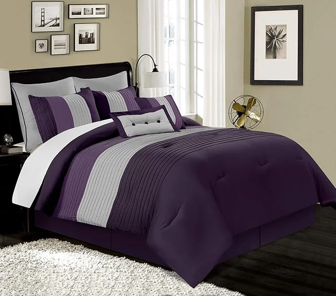 Breathable Chezmoi Collection Loft 8-Piece Luxury Striped Comforter Set Queen Purple Gray Lavender Pure