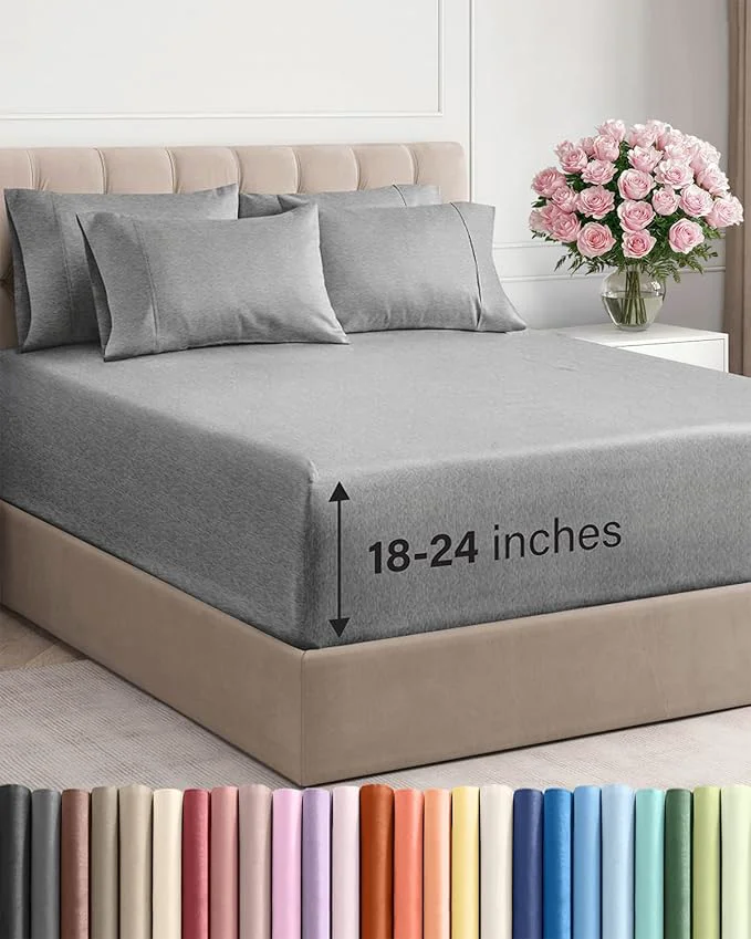 Fine Extra Deep Cal King Sheet Set – 6 Piece Breathable and Cooling Sheets – Hotel Luxury Bedding for Women Men Kids amp Teens – Easy Secure Fit – Soft amp Wrinkle – Extra Deep Pockets – Heathered Grey Comfortable