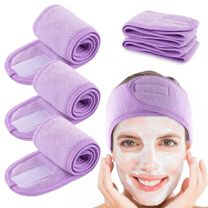 Eco-Friendly Whaline Spa Facial Headband 4 Packs Head Wrap Terry Cloth Headband Adjustable Long-Lasting