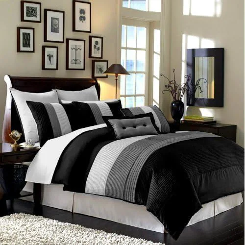 Original Design Chezmoi Collection Loft 8-Piece Luxury Striped Comforter Set Full Black Gray White Artisan