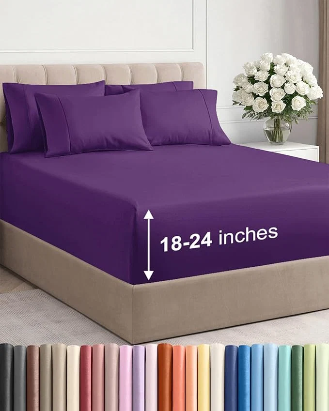 Elite Extra Deep Full Sheet Set – 6 Piece Breathable and Cooling Sheets – Hotel Luxury Bedding for Women Men Kids amp Teens – Easy amp Secure Fit – Soft Wrinkle and Comfy – Extra Deep Pockets – Purple Stylish