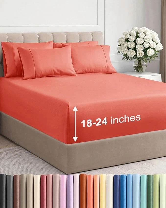 Professional Extra Deep King Sheet Set – 6 Piece Breathable and Cooling Sheets – Hotel Luxury Bedding for Women Men Kids amp Teens – Easy amp Secure Fit – Soft Wrinkle and Comfy – Extra Deep Pockets – Coral