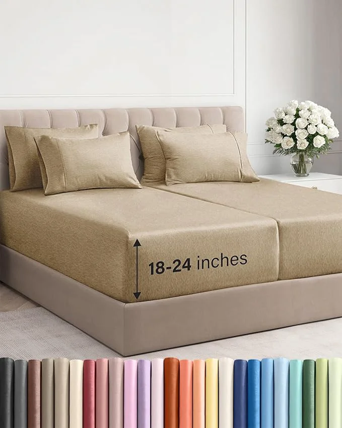 Excellent Extra Deep Split King Sheet Set – 7 Piece Breathable and Cooling Sheets – Hotel Luxury Bedding for Women Men Kids amp Teens – Easy Secure Fit – Soft amp Wrinkle – Extra Deep Pockets – Heathered Tan Certified