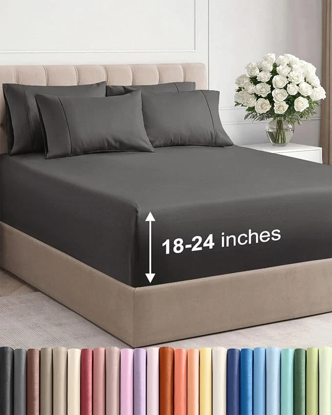 Smooth Extra Deep Queen Sheet Set – 6 Piece Breathable and Cooling Sheets – Hotel Luxury Bedding for Women Men Kids amp Teens – Easy Secure Fit – Soft Wrinkle and Comfy – Extra Deep Pockets – Charcoal Fashionable