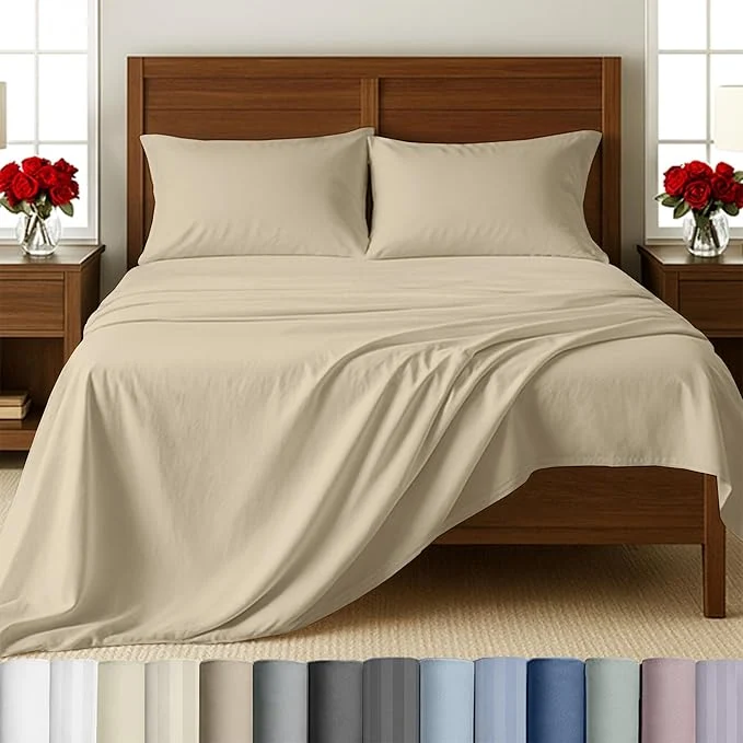 Traditional California Design Den Twin XL Sheets Set – 500 Thread Count Sateen Natural Cotton Fully Elasticized Deep Pocket Twin XL Cotton Sheets Breathable Bedding for Dorm Room – Beige Recyclable