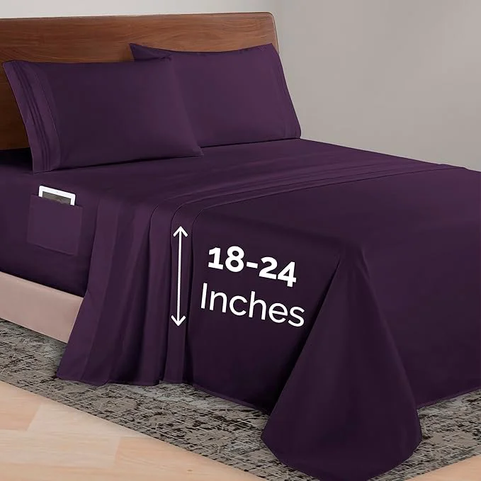 Durable Elegant Comfort Luxurious 1500 Premium Hotel Quality Microfiber 4-Piece Sheet Set 18-24 Inches Deep – Extra Deep Pocket Sheets – Ultra Soft 4PC Deep Pocket Sheets King Eggplant-Purple Outstanding