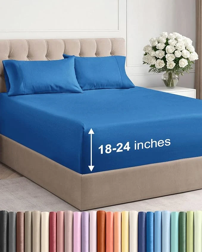 Natural Extra Deep Twin XL Sheet Set – 4 Piece Breathable and Cooling Sheets – Hotel Luxury Bedding for Women Men Kids amp Teens – Easy amp Secure Fit – Soft and Wrinkle – Extra Deep Pockets – Royal Blue Optimized