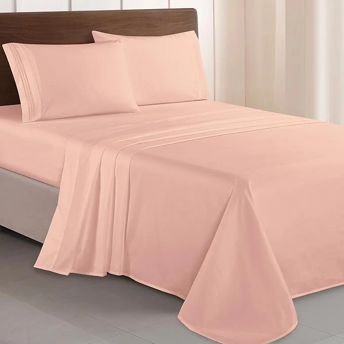 Practical Elegant Comfort Luxurious 1500 Premium Hotel Quality Microfiber Three Line Embroidered Softest 4-Piece Bed Sheet Set Wrinkle and Fade Resistant Twin Twin XL Blush Pink Reliable